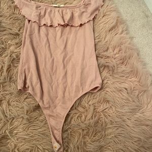 Off the shoulder pink ruffled bodysuit